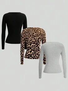 SHEIN EZwear Bộ 3 áo len họa tiết da báo, phù hợp cho phụ nữ ngoại cỡ vào mùa thu/đông - Nhiều màu - Xem 2