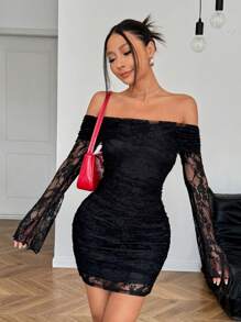 SHEIN EZwear Dam Elegant spets Off-Shoulder Flare Sleeve Volangpassad miniklänning, svart - Svart - Visa 5