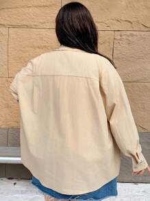 Dazy Plus ملابس علوية كاجوال فضفاض بياقة مفتوحة بلون أحادي، طراز موضة بسيط للربيع والصيف والخريف والشتاء، ملابس نسائية بأكمام طويلة - بني فاتح - مشاهدة 2