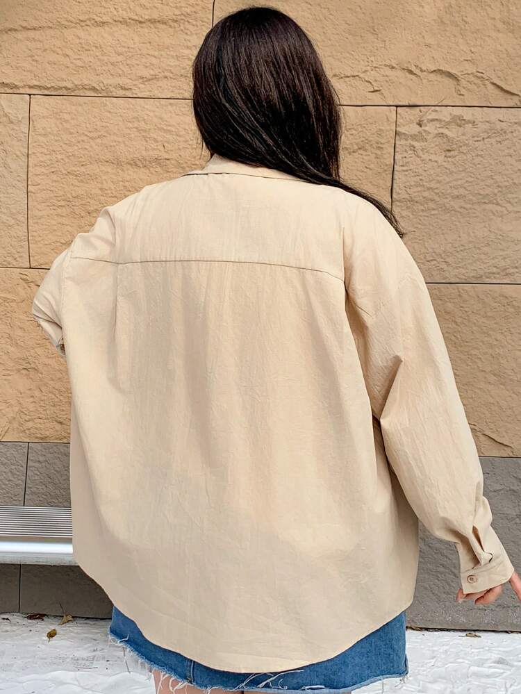 Dazy Plus Plus Size Solid Color Lapel Loose Casual Shirt, Minimalist Fashion Style For Spring, Summer, Autumn, Fall Women Clothes Long Sleeve Top