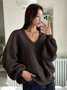 DAZY 女士纯色 V 领落肩长袖休闲宽松套头衫，秋冬，秋季女装