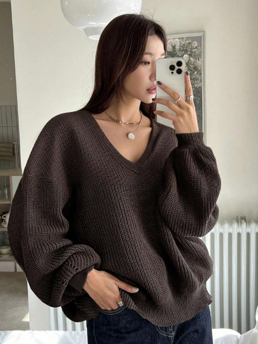 DAZY 女士纯色 V 领落肩长袖休闲宽松套头衫，秋冬，秋季女装