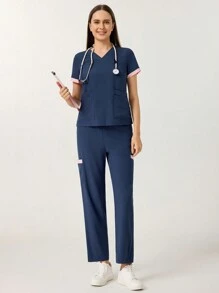 TaskEZ Contrast Color Short Sleeve Top And Pants Uniform Scrub Set, Nurse - Navy Blue - View 3