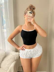 Sweetina Shorts mini de cintura baja de unicolor de múltiples capas, empalme de encaje de múltiples capas con estilo Y2K