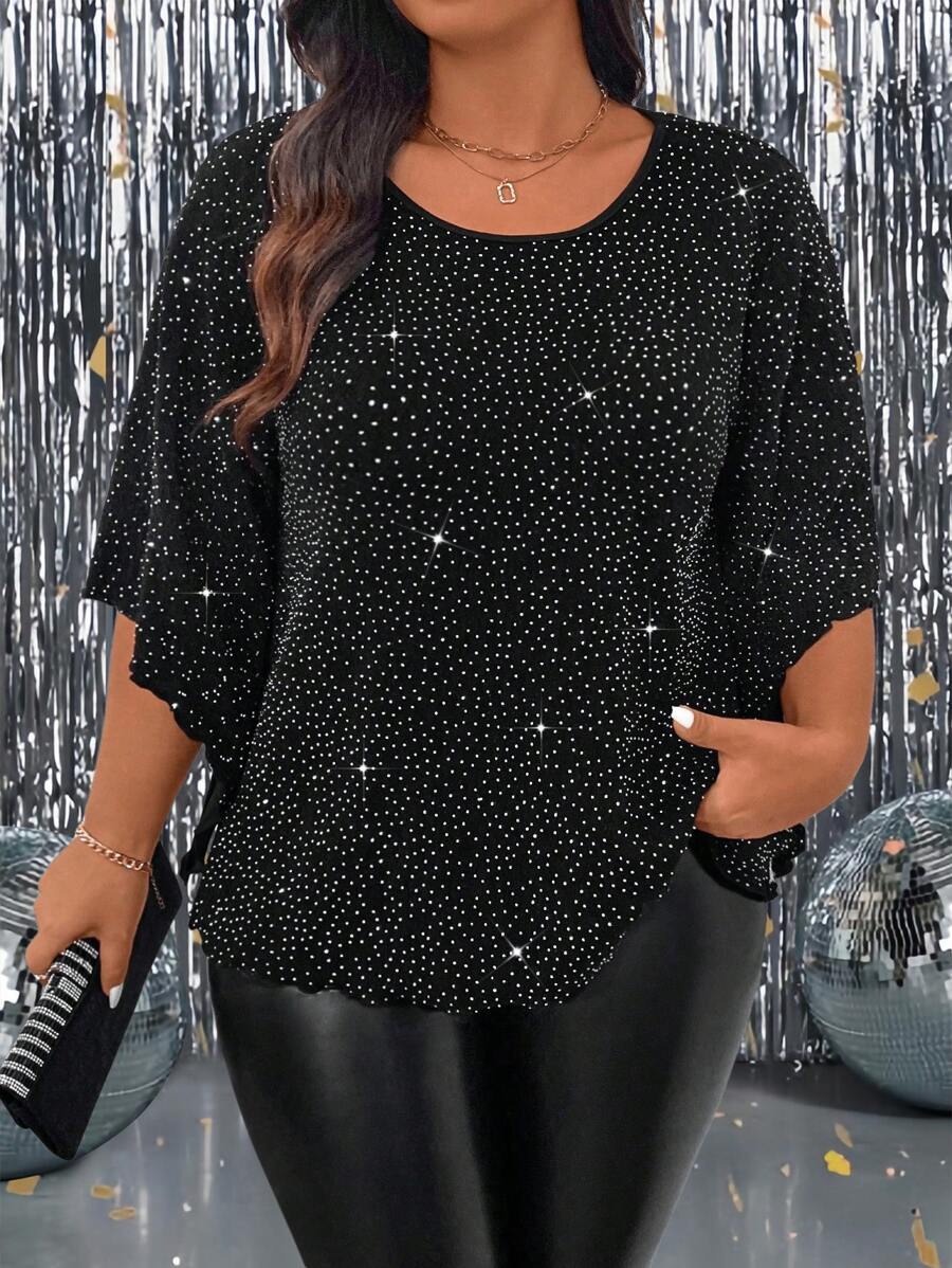 SHEIN CURVE+ 大码女式水钻装饰圆领 T 恤，夏季时尚派对装 - 黑色 - 查看 1