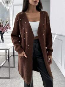 EURMUSE Women Solid Color Rhinestone Detailed Pocket Cardigan - Brown - View 2