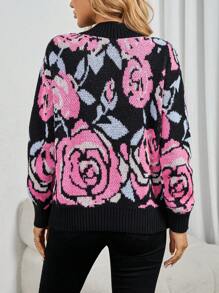 SHEIN LUNE Women Floral Printed Loose Fit V-Neck Long Sleeve Sweater, Autumn/Winter Knit Pullover Fall - Black - View 2