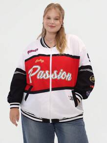 SHEIN CURVE+ 加大码字母图案条纹饰边落肩拼色校队夹克 - 彩色 - 查看 1