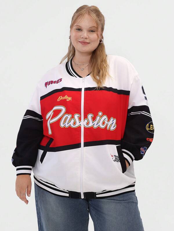 SHEIN CURVE+ Plus Size Letter Graphic Striped Trim Drop Shoulder Colorblock Varsity Jacket Winter Fall Autumn