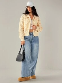 Forever 21 F21 针织双向拉链高领落肩长袖毛衣 - 杏色 - 查看 7