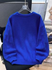 Suéter azul de cuello redondo con efecto de jacquard casual para niño preadolescente, adecuado para otoño, primavera e invierno, apropiado para juegos al aire libre, escuela, fotografía callejera, fiestas y ocio, alta relación calidad-precio