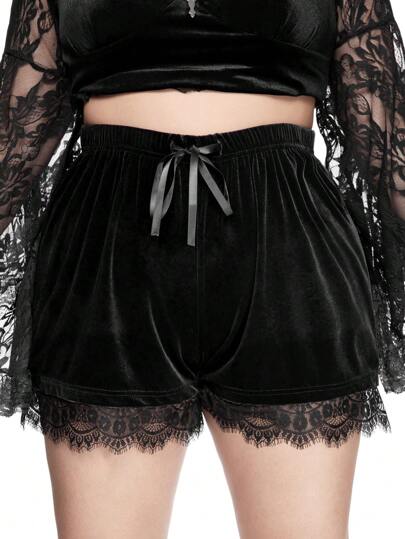 Goth Damen Große Größen Shorts mit Spitzeneinsatz, elastischem Bund aus Samt, kann geschichtet getragen werden