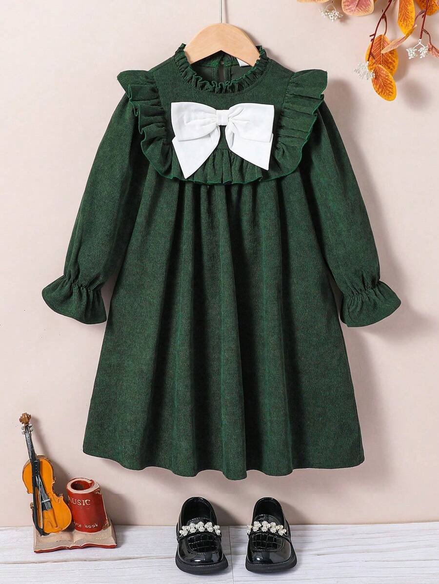 SHEIN Leap Crew Tween Girl Woven Lace Embroidery Square Collar Lantern Sleeve Long Sleeve Fitted Elegant Casual Dress, Thanksgiving,Casual Outing - Orange - View 1