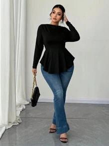 Elenzga Áo thun nữ cỡ lớn tay dài trễ vai dáng chữ A thắt eo, thoải mái, tối giản màu đen, thích hợp cho mùa xuân/thu, kiểu dáng thanh lịch cho công sở và kỳ nghỉ. - màu đen - Xem 5