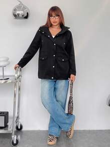 SHEIN EZwear Plus Size Women Long Sleeve Solid Color Pocket Casual Loose Hooded Jacket, Autumn - Black - View 6