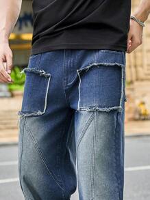 Manfinity Roughcore Men's Faded Denim Baggy Jeans With Square Patches - Blue - View 4