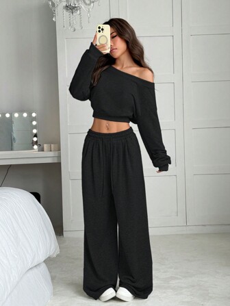 CovetEZ 女士休闲纯色不对称领口短款连帽衫和抽绳腰部宽松阔腿运动裤套装