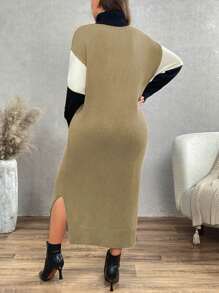 Calvaya 大码女式休闲高领落肩宽松拼色毛衣连衣裙，秋冬，不含腰带 - 彩色 - 查看 2