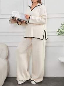 RueChic Plus 2 Pieces Binding Detailed Long Sleeve Set, For Winter - Apricot - View 1