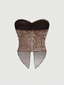 SHEIN LUNE Women's Fashionable Leopard Print Cropped Bandeau Top With Side Split - Khaki - View 2