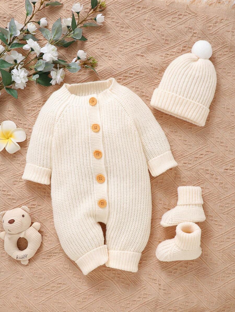 SHEIN 3pcs/Set! Baby Sweater Romper + Newborn Shoes + Cute Hat, Simple Casual Style, Effortlessly Outfit Your Baby In Fashionable Look, Time & Effort Saving - Beige - View 1
