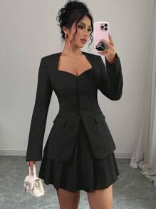 Selianne Women V-Neck Pink Fitted Blazer + Pleated Mini Skirt 2 Pieces Suit Set, Autumn Fall Cloth For Women - Black - View 1