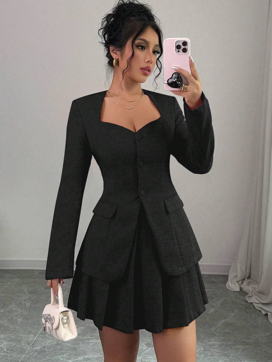 Selianne Women V-Neck Pink Fitted Blazer + Pleated Mini Skirt 2 Pieces Suit Set, Autumn Fall Cloth For Women - Black - View 1