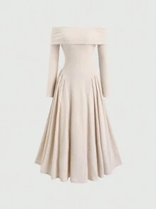 Sweetra 优雅女士长裙，米色罗纹喇叭袖单肩褶皱腰设计长款女装 - 杏色 - 查看 1