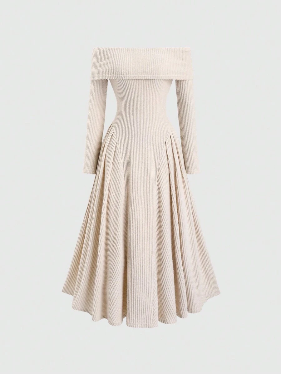 Sweetra 优雅女士长裙，米色罗纹喇叭袖单肩褶皱腰设计长款女装 - 杏色 - 查看 1