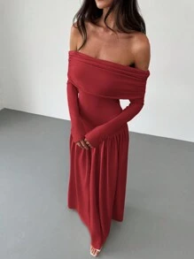 Aloruh 全新杏色露肩收腰高弹力修身 A 字长袖连衣裙，适合秋冬季，百搭红色连衣裙>袖子红色露肩 - 紅色 - 查看 5