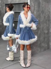 SHEIN 少女Y2K蓝色牛仔白毛领外套，秋冬季，酷炫/少女感恩节，秋冬 - 深色水洗藍 - 查看 4