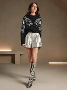 Anewsta Jersey holgado de punto con bordados florales y decoración de lentejuelas para mujeres en otoño/invierno