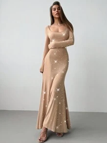 Aloruh 女士时尚魅力水钻闪亮美人鱼轮廓亮片派对连衣裙 - 卡其色 - 查看 2