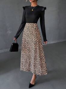 RueChic Ladies Elegant Paneled Leopard Print Cinched Waist Dress, Autumn - Multicolor - View 5