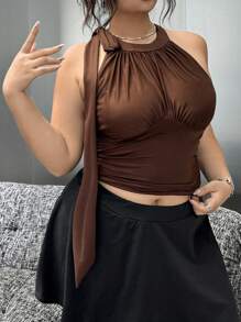 SHEIN ICON Plus Size Casual Solid Ruched Halter Top For Summer - Brown - View 4
