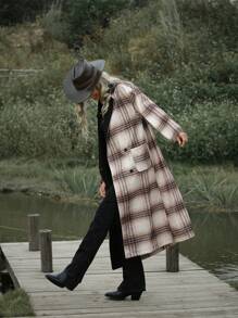 LanaWest Abrigo maxi con cuello a cuadros, chaqueta de invierno delgada y cálida