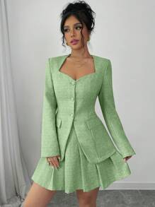 Chiquease 女士 V 领粉色修身西装外套 + 百褶裙套装，秋季 - 綠色 - 查看 6