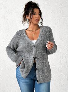 Calvaya Áo len cardigan dệt kim cổ chữ V chấm bi cỡ lớn cho nữ, mùa đông - Xám - Xem 4