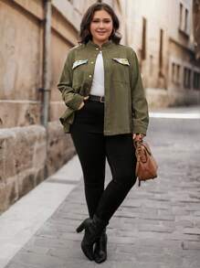 SHEIN LUNE Plus Size Solid Color Patchwork Long Sleeve Front Button Pocket Casual Jacket, Vacation Outfit Women Plus Size Fall Clothes
