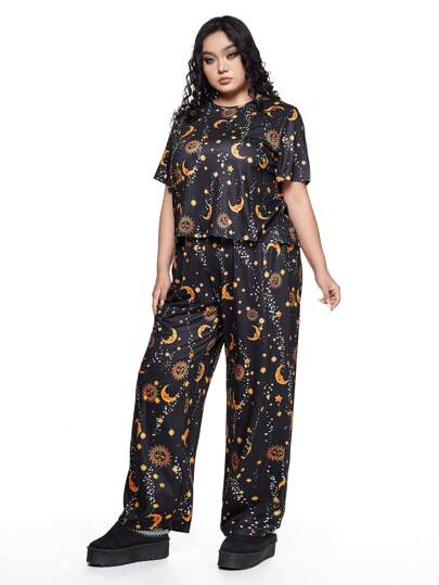 Hippie Ensemble décontracté de pyjama oversize à imprimé soleil et lune, avec t-shirt à manches courtes et pantalon