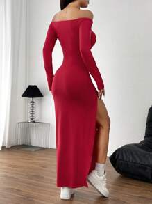 INAWLY 红色性感露肩高开衩连衣裙 - 紅色 - 查看 2