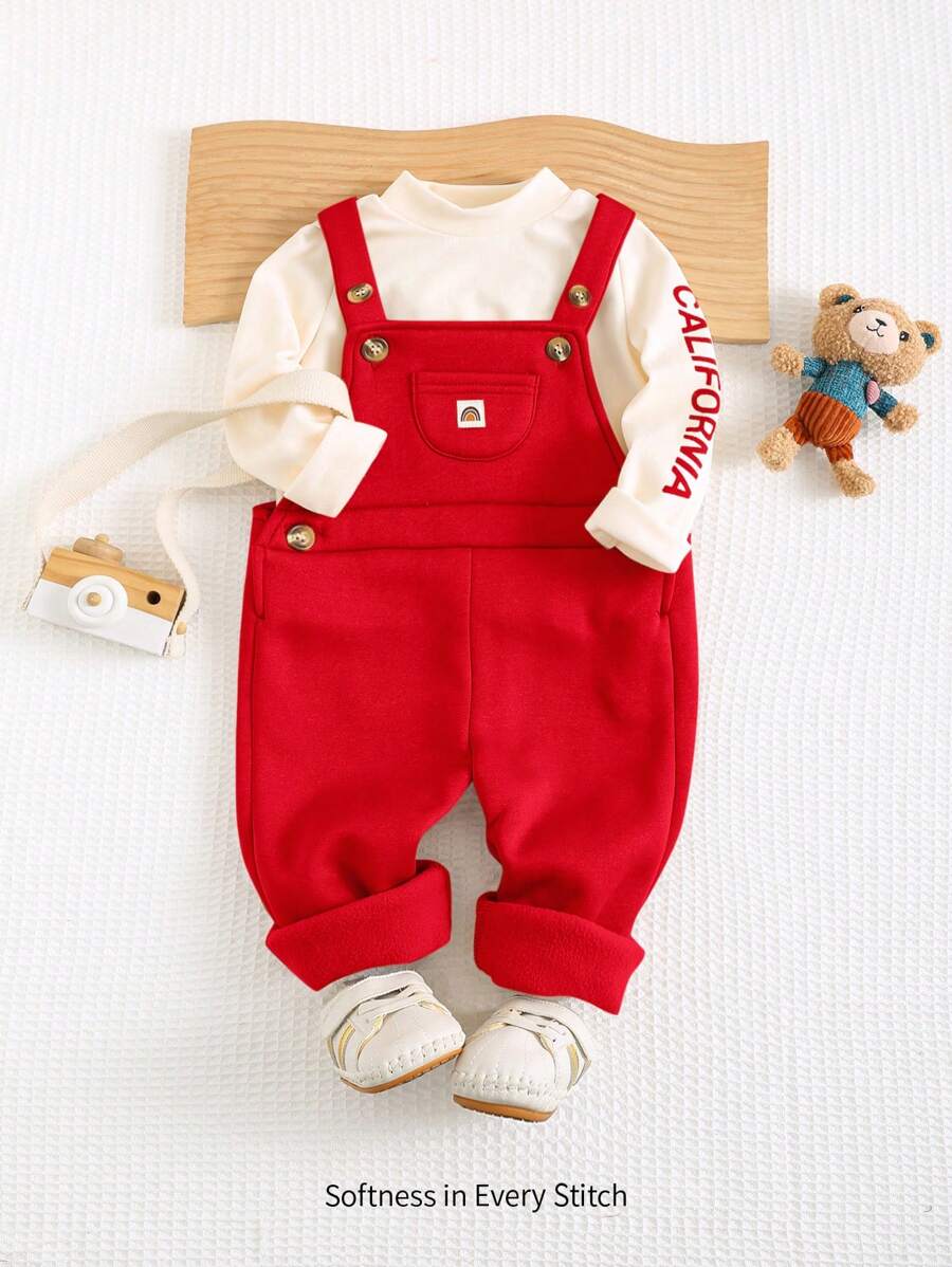 Cozy Pixies 2pcs Baby Boy Letter Pattern Knit Soft Crew Neck Long Sleeve Top And Bib Pants Set - Burgundy - View 1
