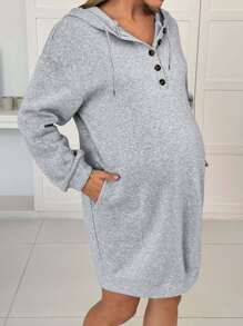 SHEIN Front Button Long Sleeve Pocket Design Minimalist Nursing Hoodie Tops, For Maternity - Grey - View 3