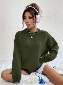 SHEIN Unity 宽松休闲女式纯色落肩长袖毛衣，秋冬针织套头衫