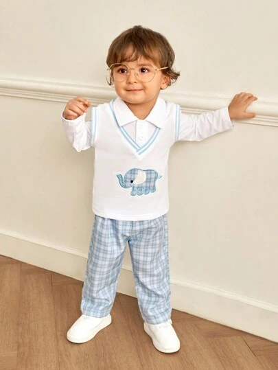 SHEIN 2 件装男婴优雅别致绅士风大象刺绣上衣和格子长裤套装，秋冬