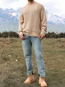 Manfinity Homme 男士休闲落肩圆领拼色长袖毛衣，适合秋冬季、徒步旅行、朋友聚会