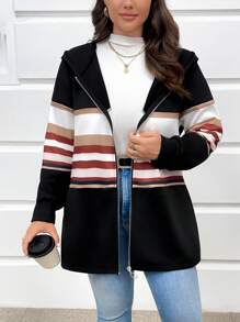 SHEIN LUNE Striped Print Patchwork Loose Hooded Jacket - Black - View 1