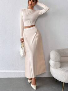 Chiquease 1 pieza Conjunto de top ajustado con cuello de volantes elegante y falda A-line con bajo con volantes para mujer - Albaricoque - Ver 3
