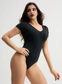 Menodora SHEIN Sport Women's Solid V-Neck Short Sleeve Activewear Ballet Dance Bodysuit - Black - View 4