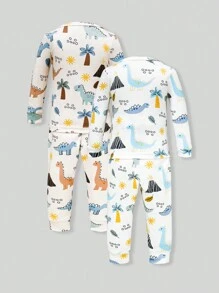 2 Peças Conjunto de Top de Manga Longa e Calça com Estampa de Dinossauro, Ajuste Confortável, Roupas Casuais para Casa, Bebê Menino